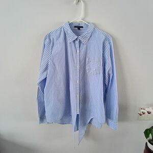 Signature Studio Blue White Stripe Pearl Pocket Tie Front Button Shirt L